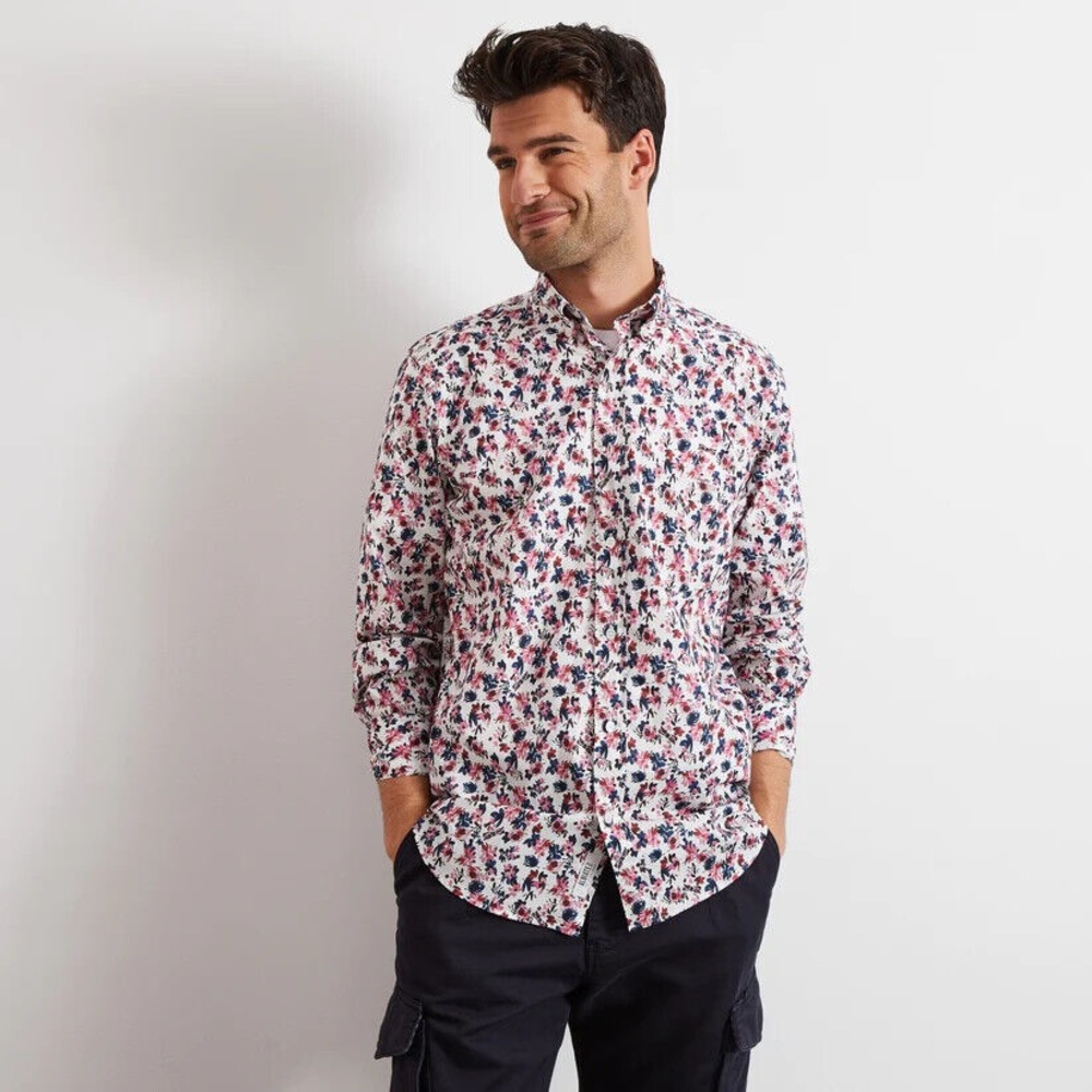 White Floral Button-up Mens Shirt